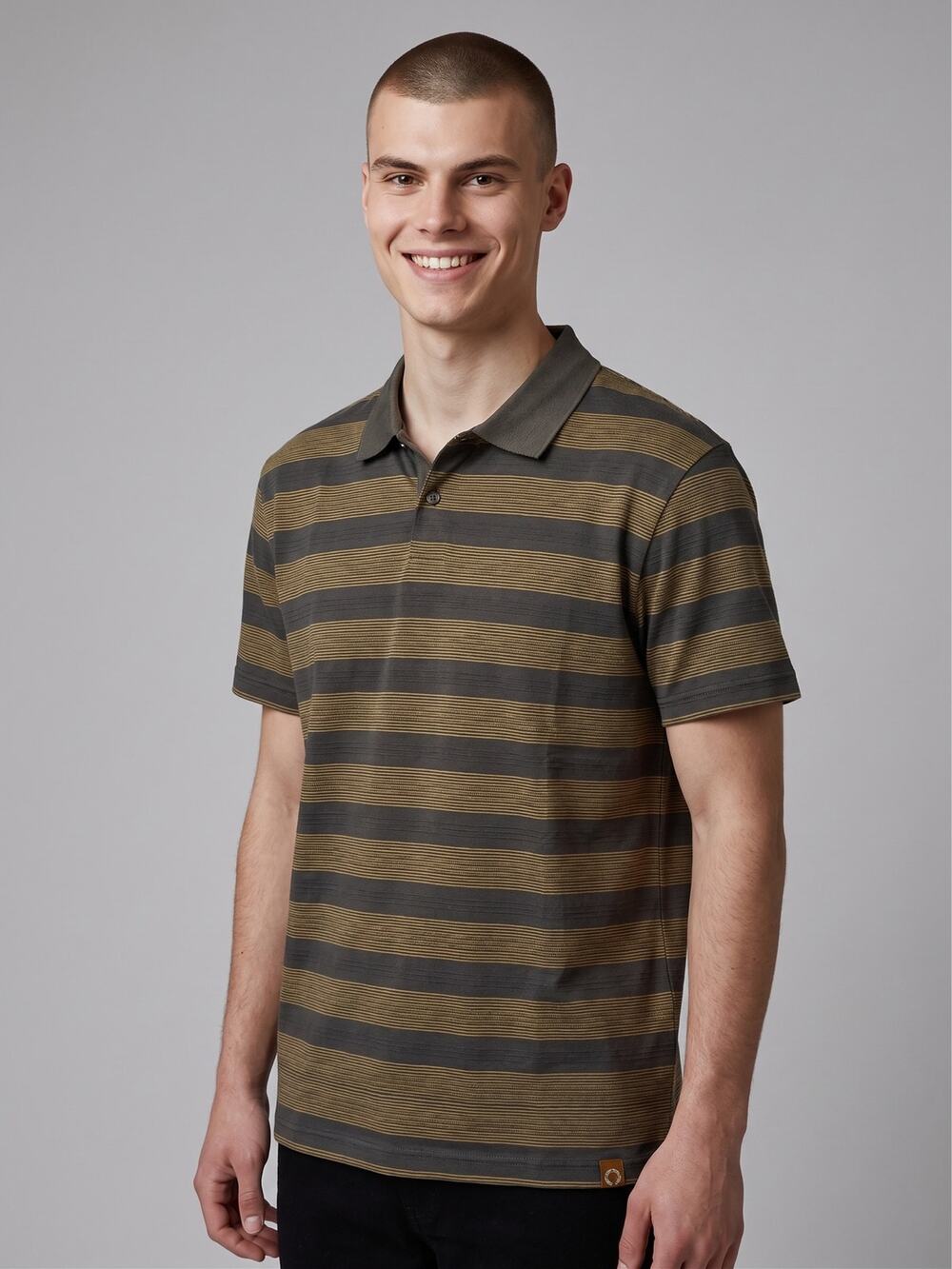 AIDOPESON Mens Striped Polo Shirt Med Charcoal Gray Olive Green Short Sleeve NWT